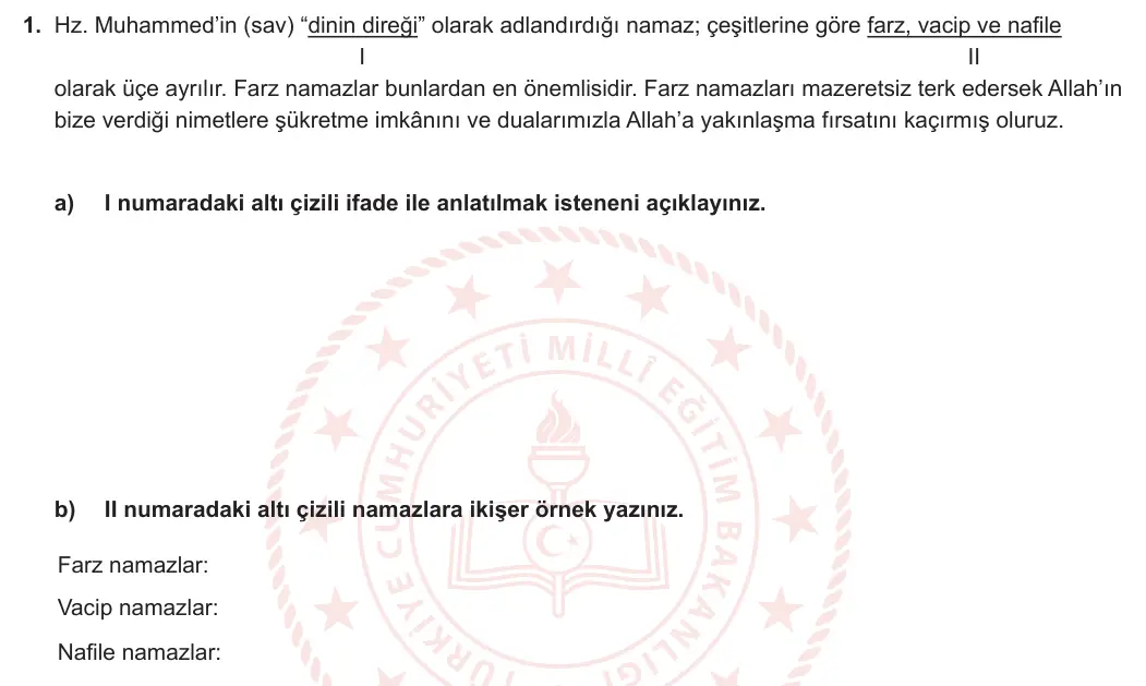 5. Sınıf Din Kültürü ve Ahlak Bilgisi 2024-2025 1. Dönem 2. Yazılı 1. Soru görseli