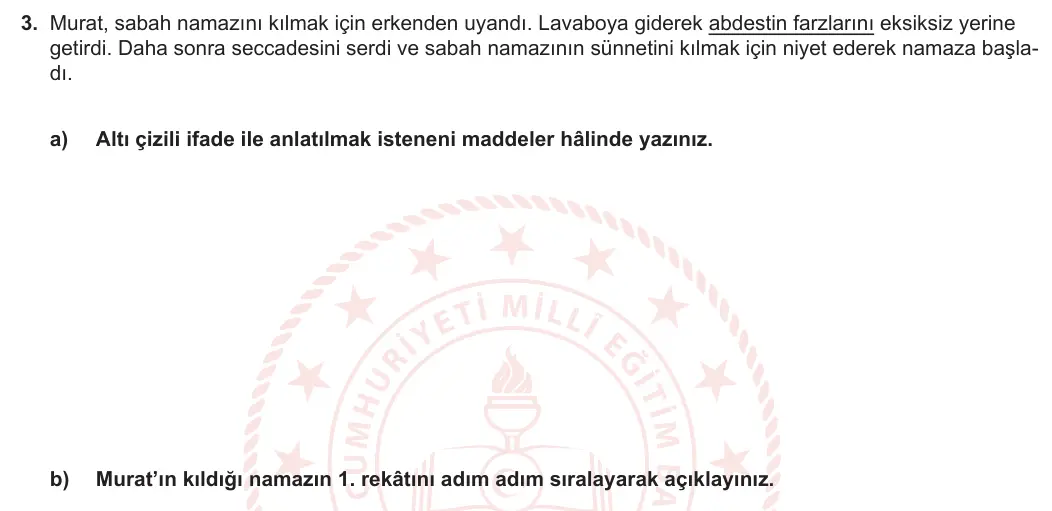 5. Sınıf Din Kültürü ve Ahlak Bilgisi 2024-2025 1. Dönem 2. Yazılı 3. Soru görseli