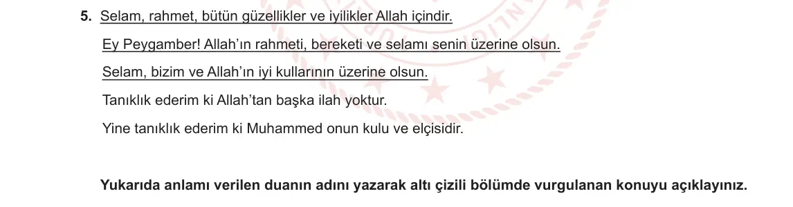 5. Sınıf Din Kültürü ve Ahlak Bilgisi 2024-2025 1. Dönem 2. Yazılı 5. Soru görseli