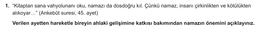 6. Sınıf Din Kültürü ve Ahlak Bilgisi 2024-2025 1. Dönem 2. Yazılı 1. Soru görseli