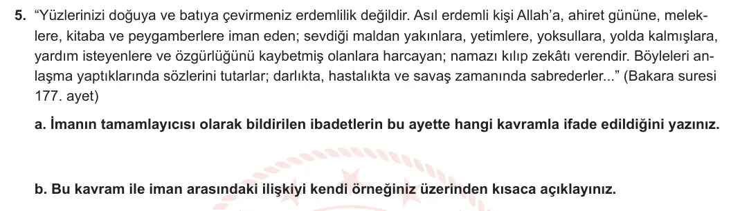 9. Sınıf Din Kültürü ve Ahlak Bilgisi 2024-2025 1. Dönem 2. Yazılı 5. Soru görseli