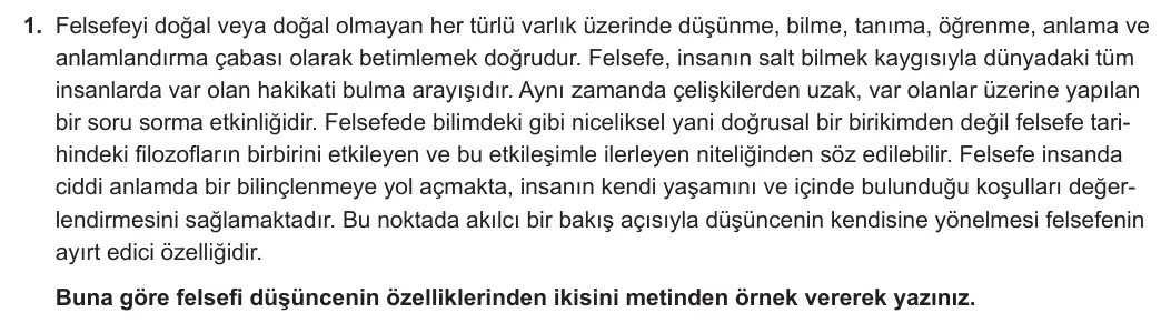 10. Sınıf Felsefe 2024-2025 1. Dönem 2. Yazılı 1. Soru görseli