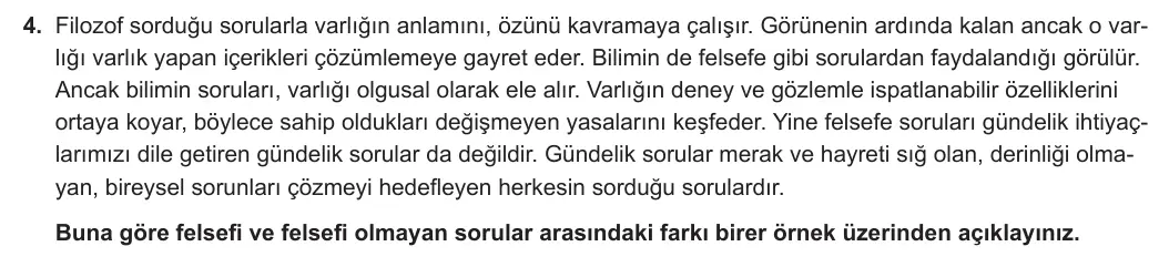 10. Sınıf Felsefe 2024-2025 1. Dönem 2. Yazılı 4. Soru görseli