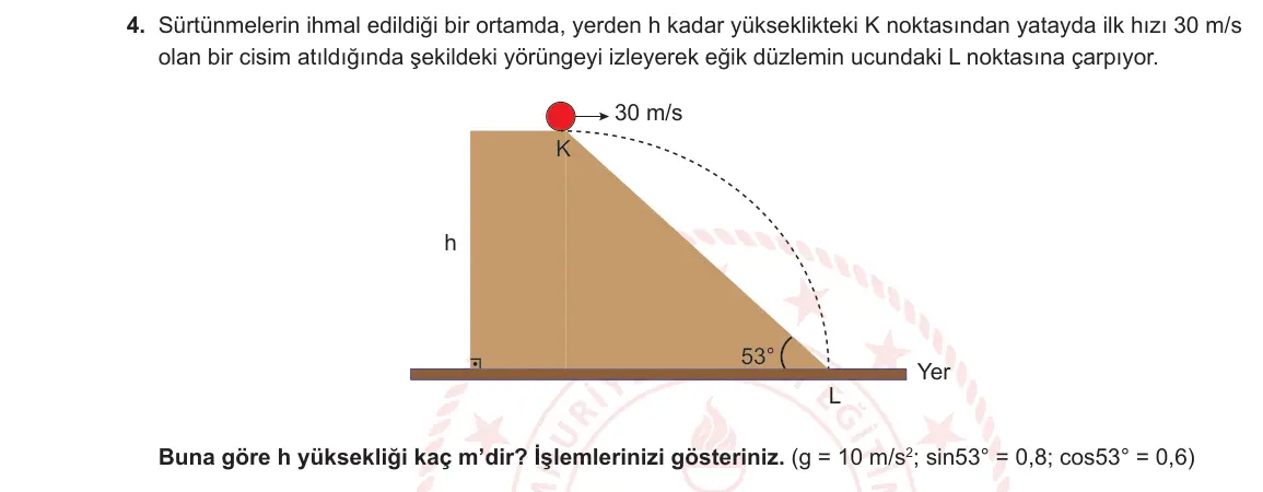 11. Sınıf Fizik 2024-2025 1. Dönem 2. Yazılı 4. Soru görseli
