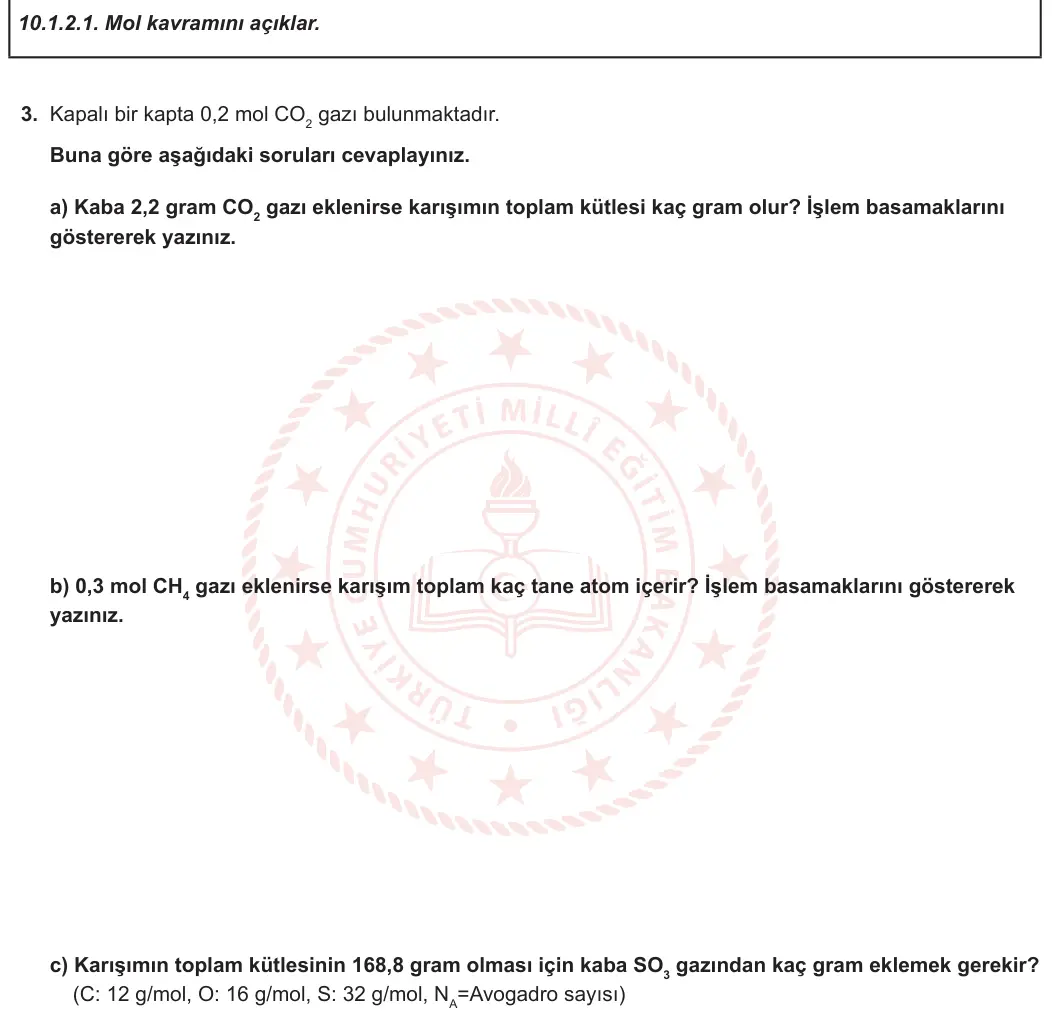 10. Sınıf Kimya 2024-2025 1. Dönem 2. Yazılı 2. Soru görseli (2/2)