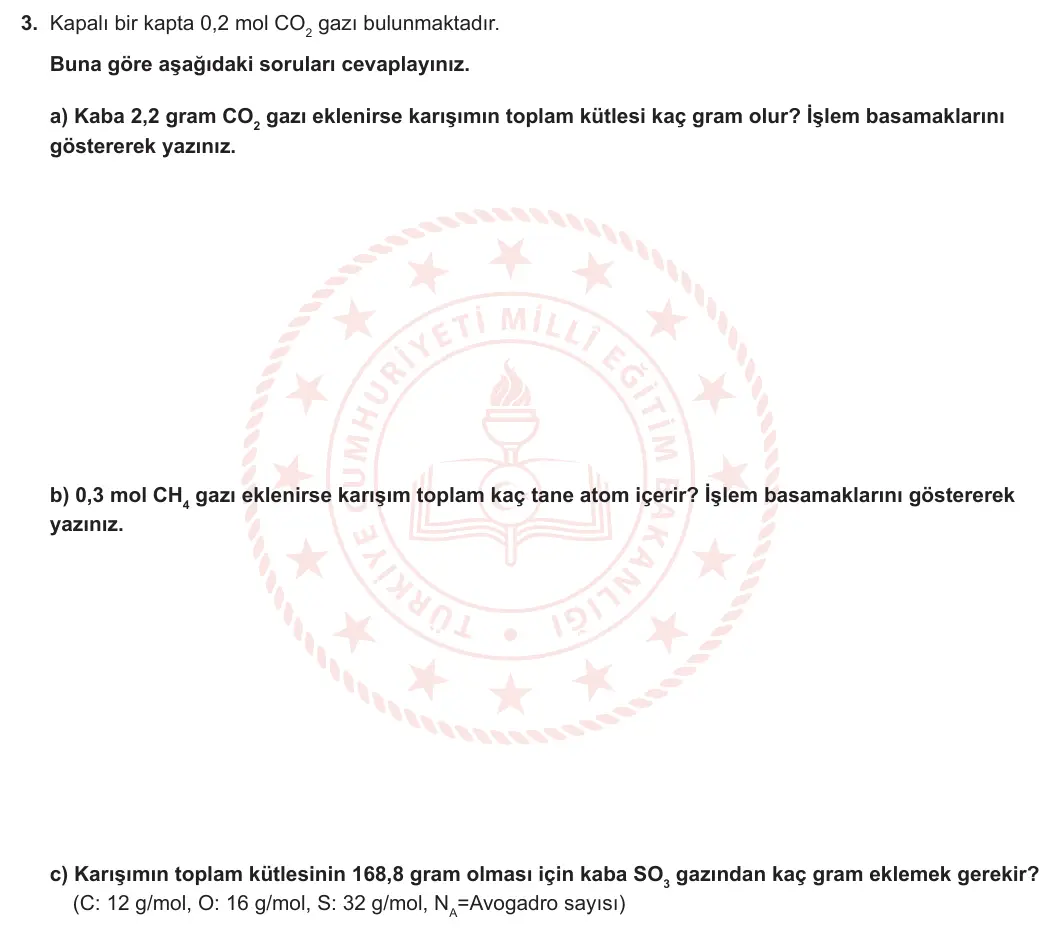 10. Sınıf Kimya 2024-2025 1. Dönem 2. Yazılı 3. Soru görseli