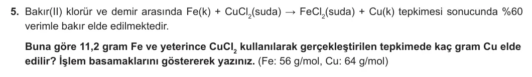 10. Sınıf Kimya 2024-2025 1. Dönem 2. Yazılı 5. Soru görseli