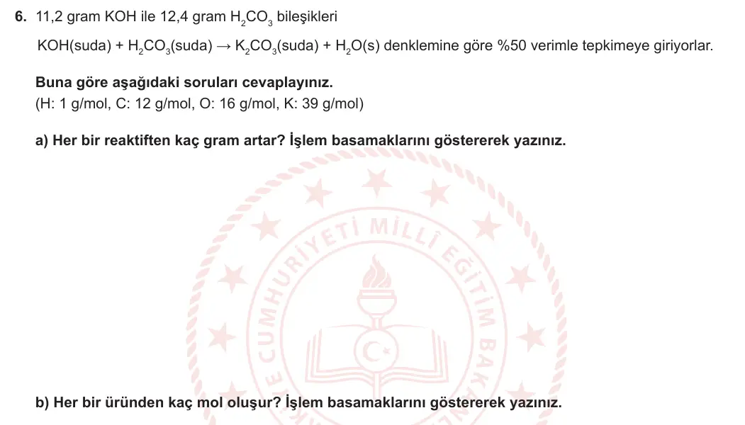 10. Sınıf Kimya 2024-2025 1. Dönem 2. Yazılı 6. Soru görseli