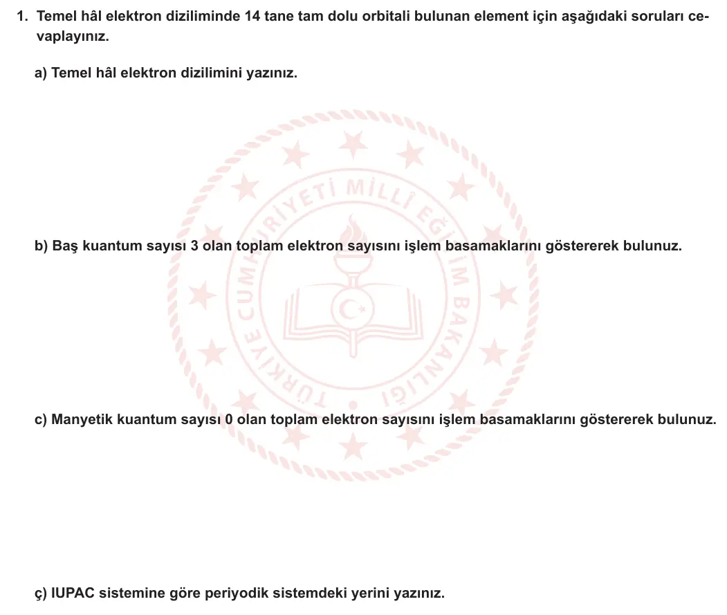 11. Sınıf Kimya 2024-2025 1. Dönem 2. Yazılı 1. Soru görseli