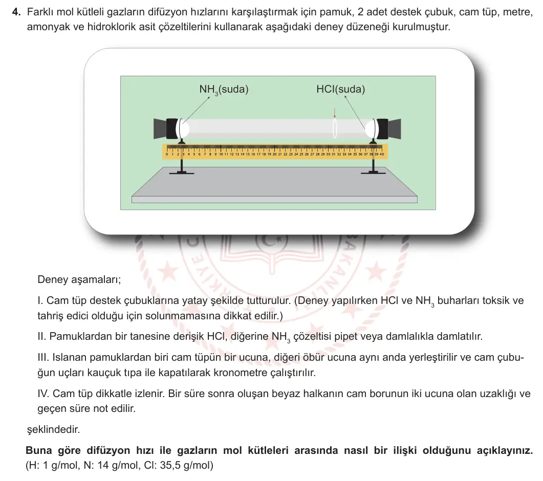 11. Sınıf Kimya 2024-2025 1. Dönem 2. Yazılı 4. Soru görseli
