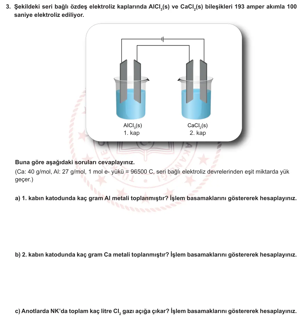 12. Sınıf Kimya 2024-2025 1. Dönem 2. Yazılı 3. Soru görseli