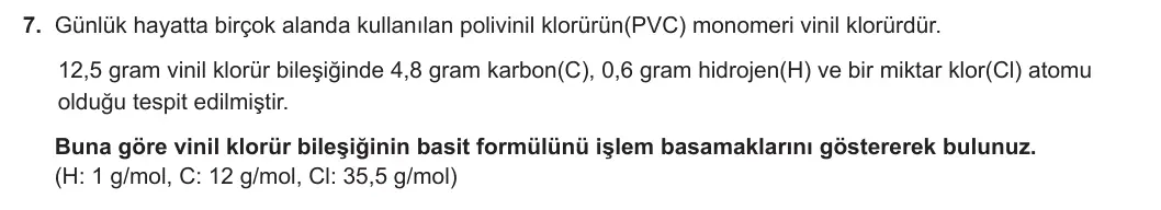 12. Sınıf Kimya 2024-2025 1. Dönem 2. Yazılı 7. Soru görseli