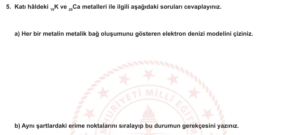 9. Sınıf Kimya 2024-2025 1. Dönem 2. Yazılı 5. Soru görseli