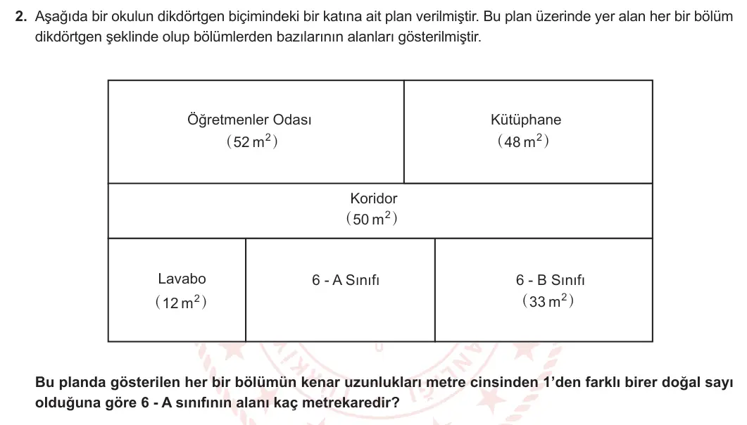 6. Sınıf Matematik 2024-2025 1. Dönem 2. Yazılı 2. Soru görseli
