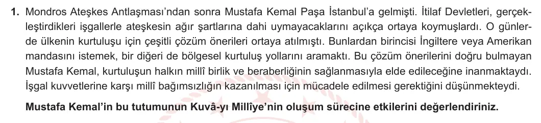 8. Sınıf T.C. İnkılap Tarihi ve Atatürkçülük 2024-2025 1. Dönem 2. Yazılı 1. Soru görseli