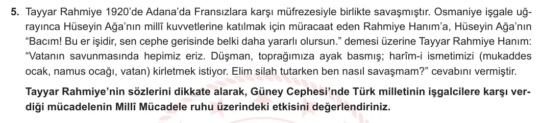 8. Sınıf T.C. İnkılap Tarihi ve Atatürkçülük 2024-2025 1. Dönem 2. Yazılı 5. Soru görseli