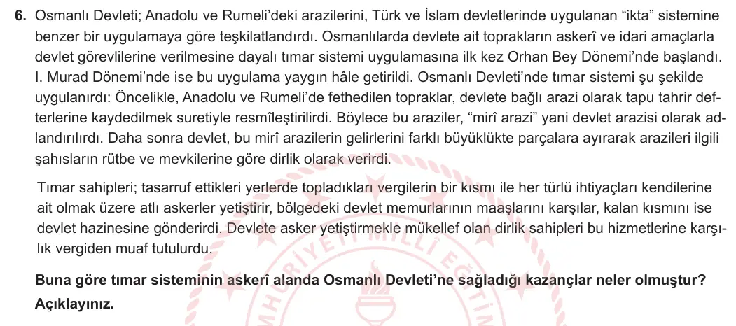 10. Sınıf Tarih 2024-2025 1. Dönem 2. Yazılı 6. Soru görseli