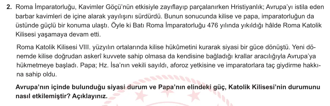 11. Sınıf Tarih 2024-2025 1. Dönem 2. Yazılı 2. Soru görseli