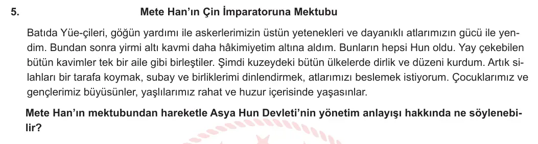 9. Sınıf Tarih 2024-2025 1. Dönem 2. Yazılı 5. Soru görseli