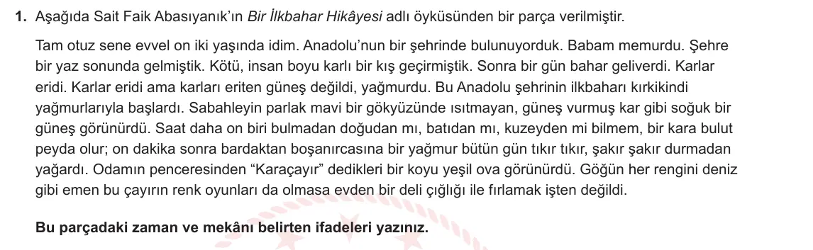 11. Sınıf Türk Dili ve Edebiyatı 2024-2025 1. Dönem 2. Yazılı 1. Soru görseli