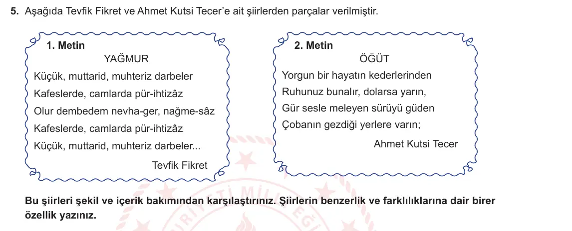 11. Sınıf Türk Dili ve Edebiyatı 2024-2025 1. Dönem 2. Yazılı 5. Soru görseli (1/2)
