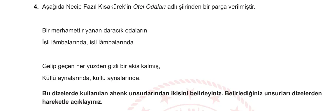 12. Sınıf Türk Dili ve Edebiyatı 2024-2025 1. Dönem 2. Yazılı 4. Soru görseli (1/2)