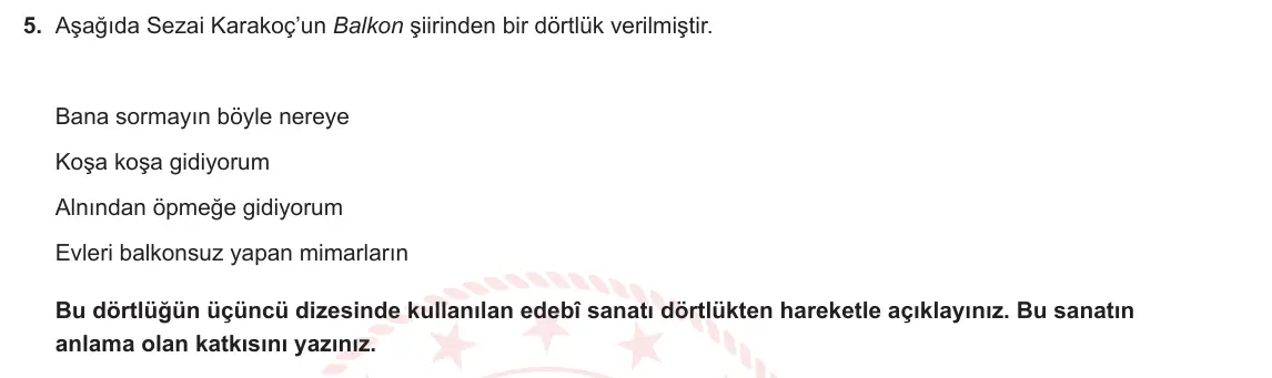 12. Sınıf Türk Dili ve Edebiyatı 2024-2025 1. Dönem 2. Yazılı 5. Soru görseli (1/2)