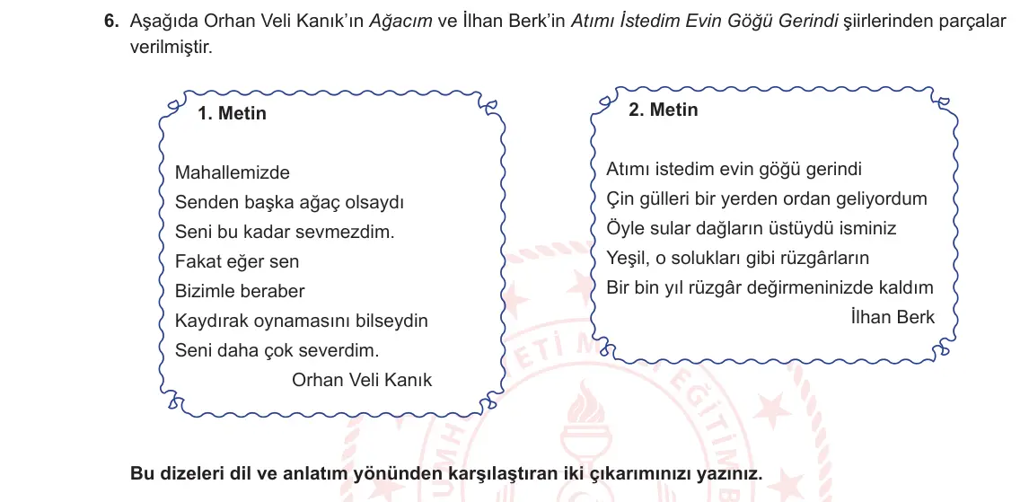 12. Sınıf Türk Dili ve Edebiyatı 2024-2025 1. Dönem 2. Yazılı 6. Soru görseli