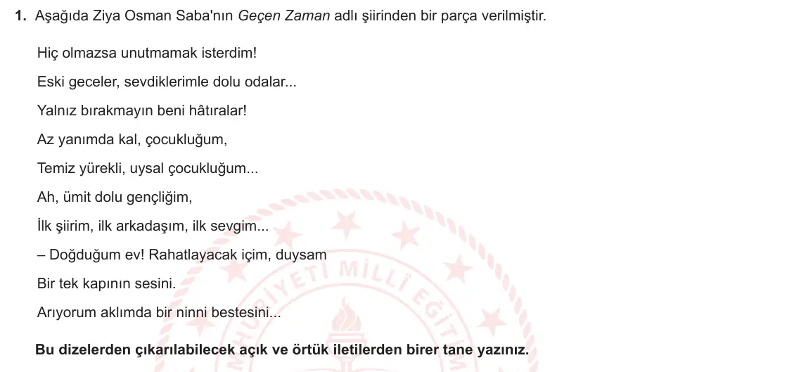9. Sınıf Türk Dili ve Edebiyatı 2024-2025 1. Dönem 2. Yazılı 1. Soru görseli