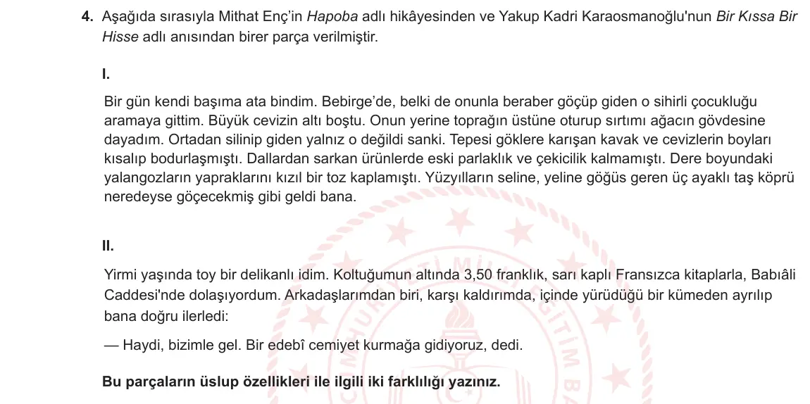 9. Sınıf Türk Dili ve Edebiyatı 2024-2025 1. Dönem 2. Yazılı 4. Soru görseli (1/2)