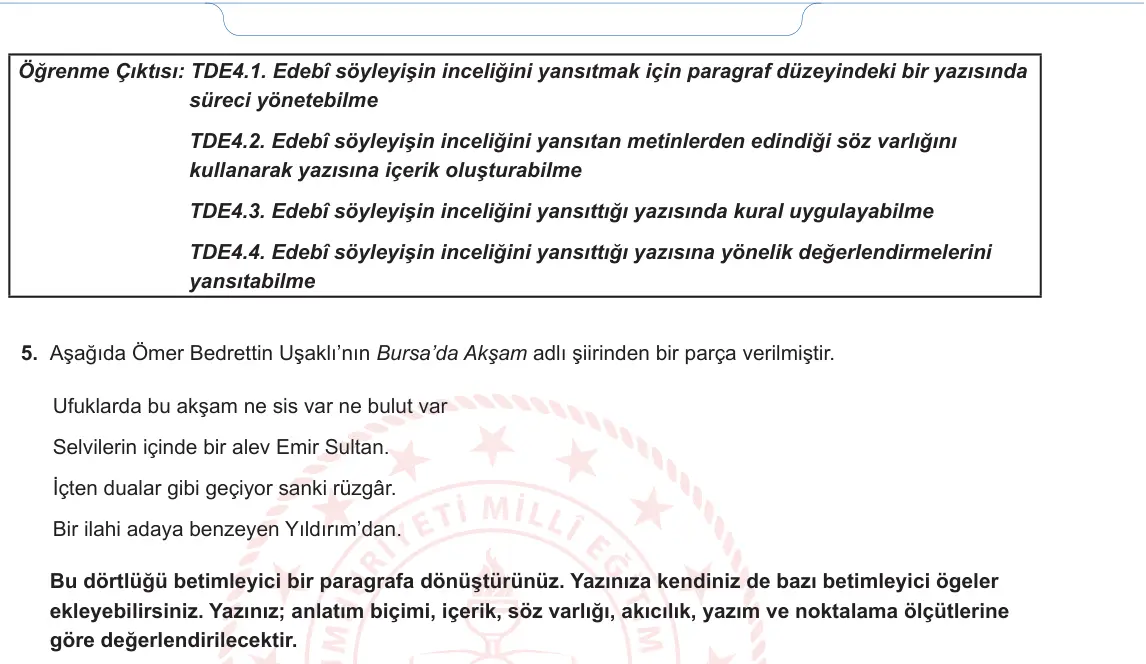 9. Sınıf Türk Dili ve Edebiyatı 2024-2025 1. Dönem 2. Yazılı 4. Soru görseli (2/2)