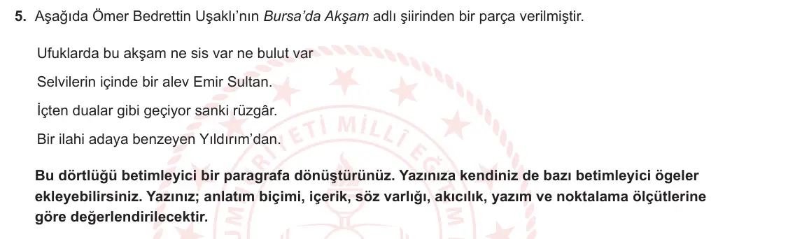 9. Sınıf Türk Dili ve Edebiyatı 2024-2025 1. Dönem 2. Yazılı 5. Soru görseli