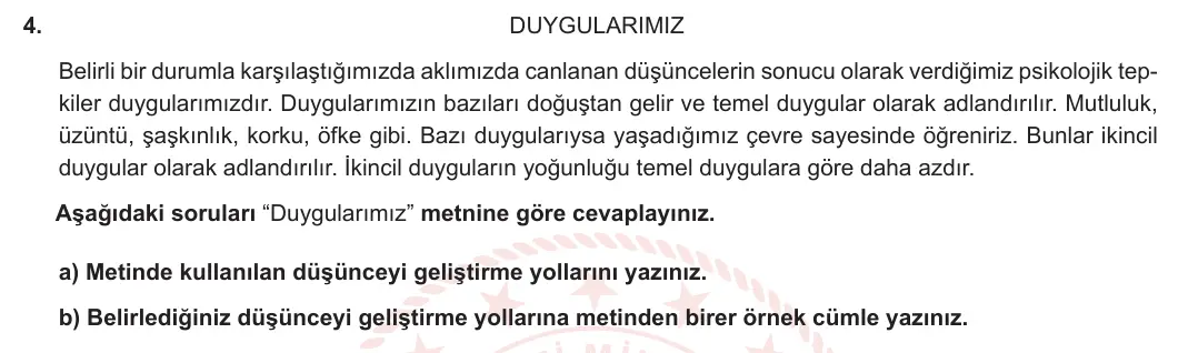 5. Sınıf Türkçe 2024-2025 1. Dönem 2. Yazılı 4. Soru görseli