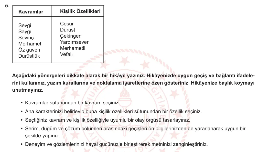 5. Sınıf Türkçe 2024-2025 1. Dönem 2. Yazılı 5. Soru görseli