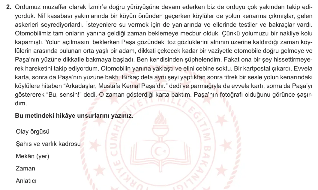 8. Sınıf Türkçe 2024-2025 1. Dönem 2. Yazılı 2. Soru görseli