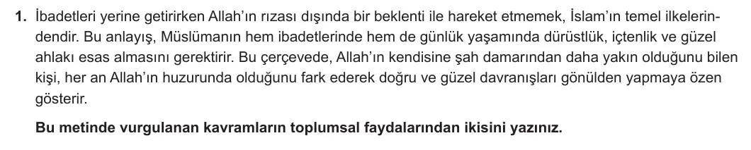 11. Sınıf Din Kültürü ve Ahlak Bilgisi 2024-2025 2. Dönem 1. Yazılı 1. Soru görseli