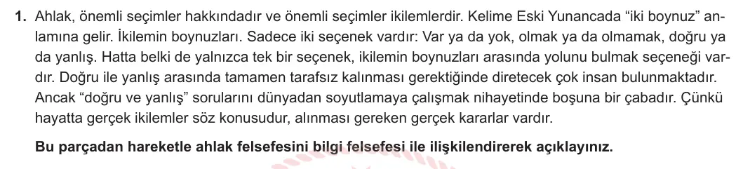 10. Sınıf Felsefe 2024-2025 2. Dönem 1. Yazılı 1. Soru görseli