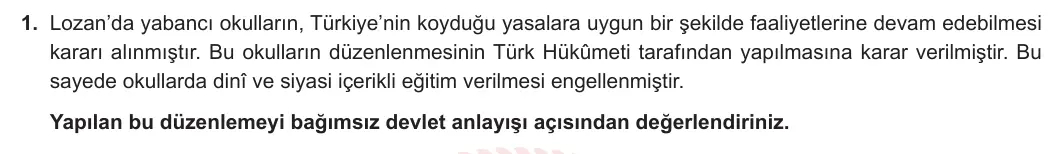 8. Sınıf T.C. İnkılap Tarihi ve Atatürkçülük 2024-2025 2. Dönem 1. Yazılı 1. Soru görseli