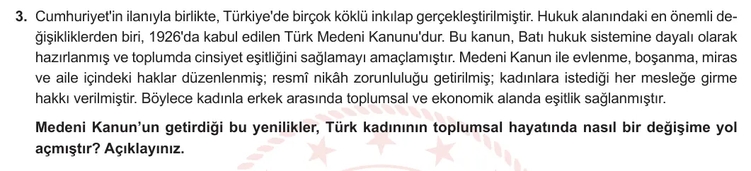 8. Sınıf T.C. İnkılap Tarihi ve Atatürkçülük 2024-2025 2. Dönem 1. Yazılı 3. Soru görseli