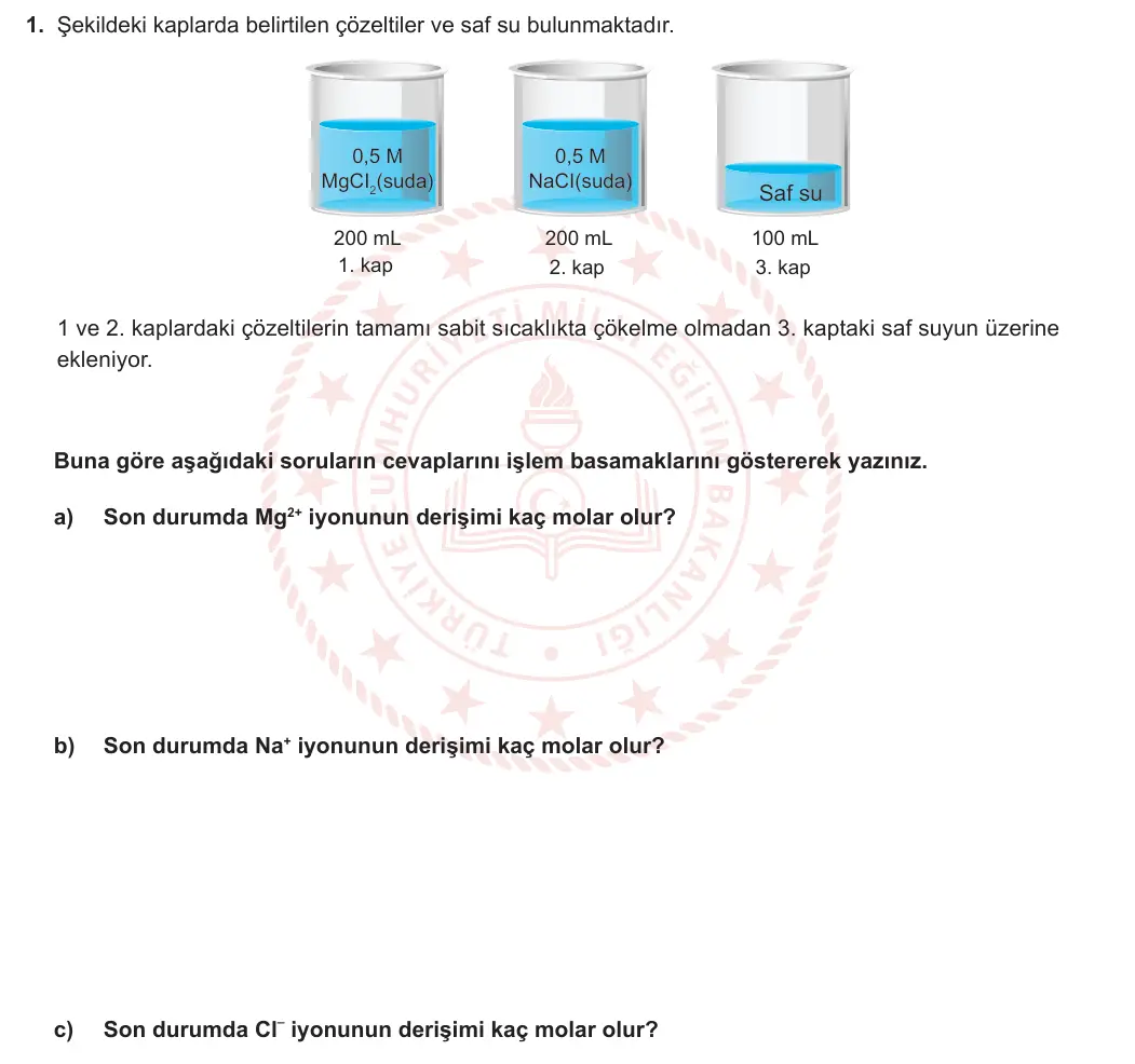 11. Sınıf Kimya 2024-2025 2. Dönem 1. Yazılı 1. Soru görseli