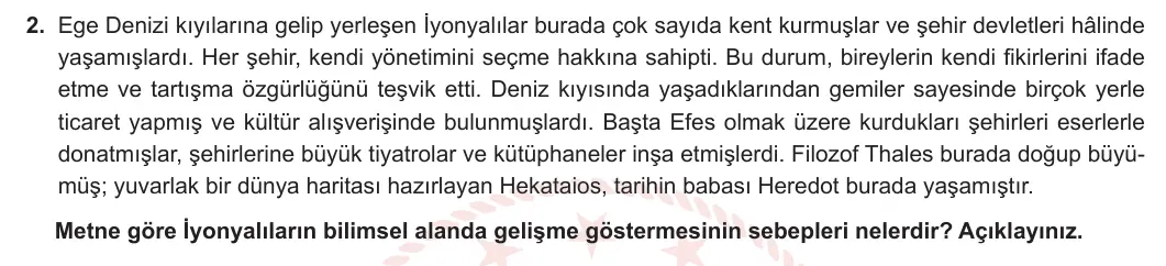 7. Sınıf Sosyal Bilgiler 2024-2025 2. Dönem 1. Yazılı 2. Soru görseli