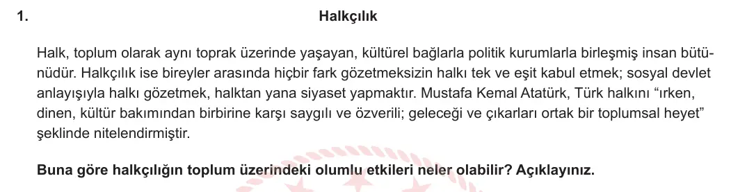 12. Sınıf T.C. İnkılap Tarihi ve Atatürkçülük 2024-2025 2. Dönem 1. Yazılı 1. Soru görseli