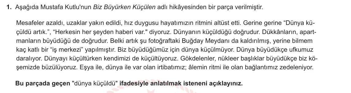9. Sınıf Türk Dili ve Edebiyatı 2024-2025 2. Dönem 1. Yazılı 1. Soru görseli