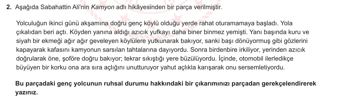 9. Sınıf Türk Dili ve Edebiyatı 2024-2025 2. Dönem 1. Yazılı 2. Soru görseli