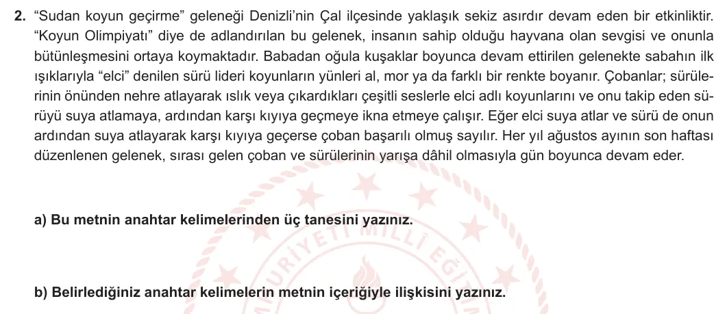 5. Sınıf Türkçe 2024-2025 2. Dönem 1. Yazılı 2. Soru görseli
