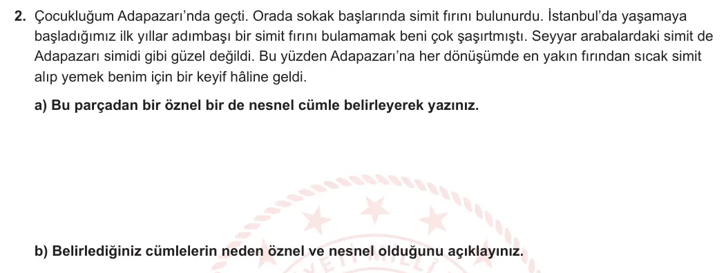 6. Sınıf Türkçe 2024-2025 2. Dönem 1. Yazılı 2. Soru (Yıldırım Yayınları) görseli