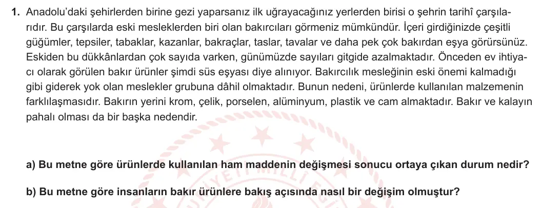 7. Sınıf Türkçe 2024-2025 2. Dönem 1. Yazılı 1. Soru görseli