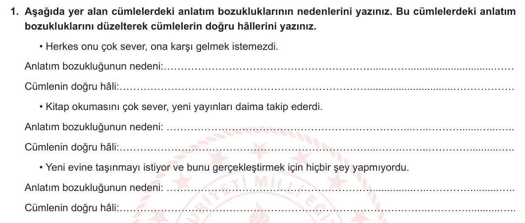 8. Sınıf Türkçe 2024-2025 2. Dönem 1. Yazılı 1. Soru görseli