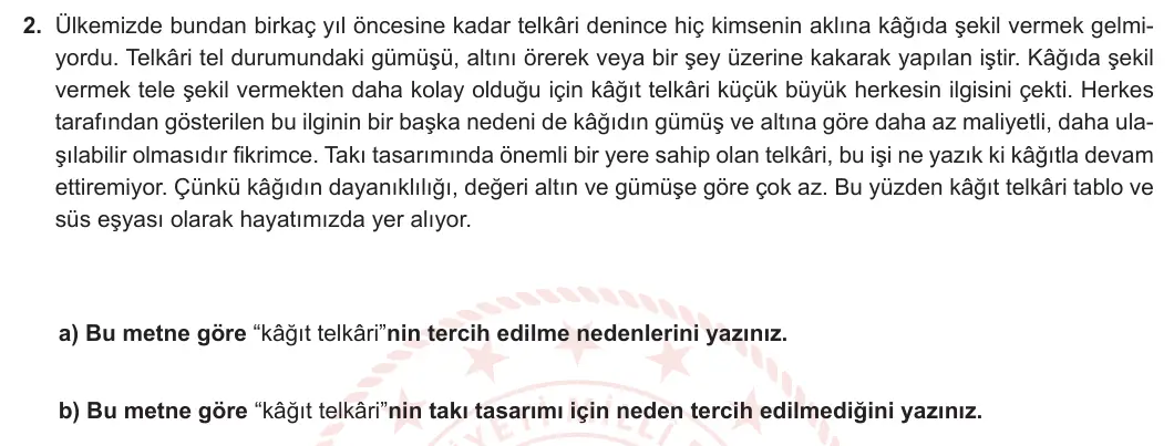 8. Sınıf Türkçe 2024-2025 2. Dönem 1. Yazılı 2. Soru görseli