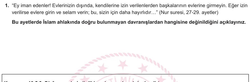 10. Sınıf Din Kültürü ve Ahlak Bilgisi 2024-2025 2. Dönem 2. Yazılı 1. Soru görseli